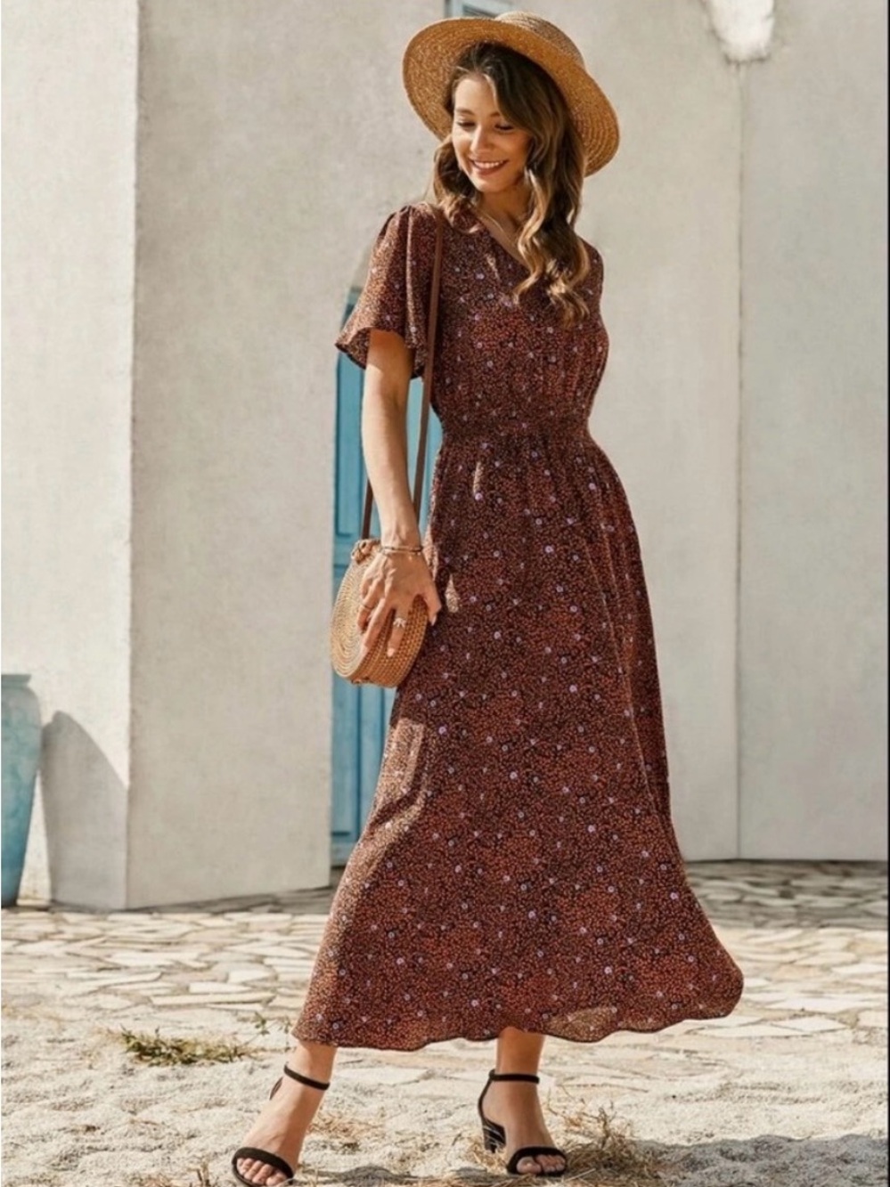 V Neck all over Print Maxi Dress